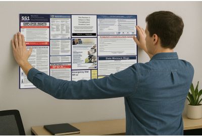 Employee hanging a labor law poster on an office wall