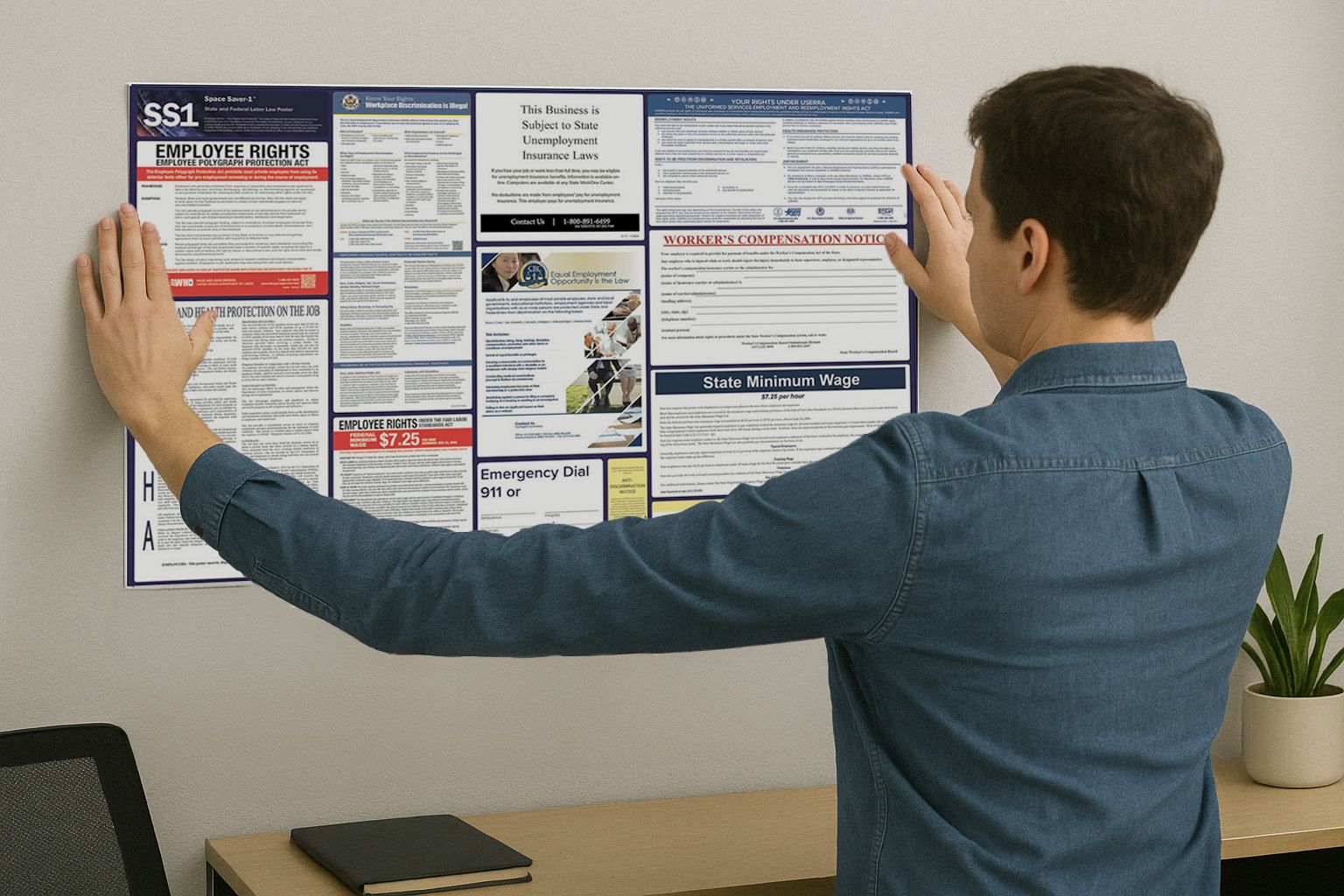 Employee hanging a labor law poster on an office wall